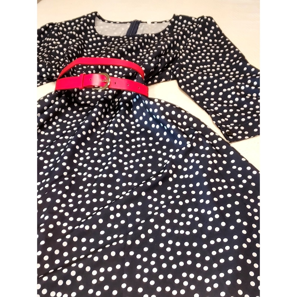 Womens Dress 2XL Navy‎ Polka Dot Belted Mid Sleeve Midi A Line